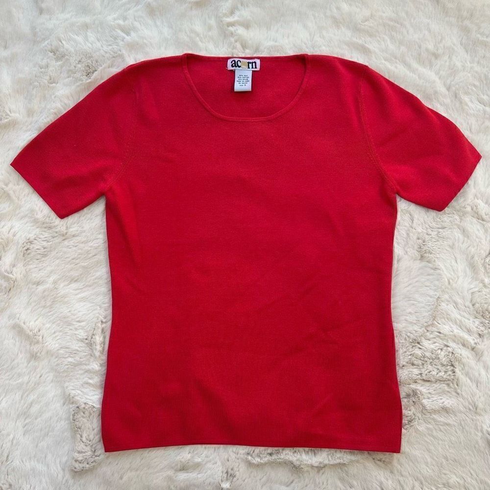 Vintage 90s Knit Sweater Top Silk Blend Short Sleeve Blouse Shirt Red women’s S